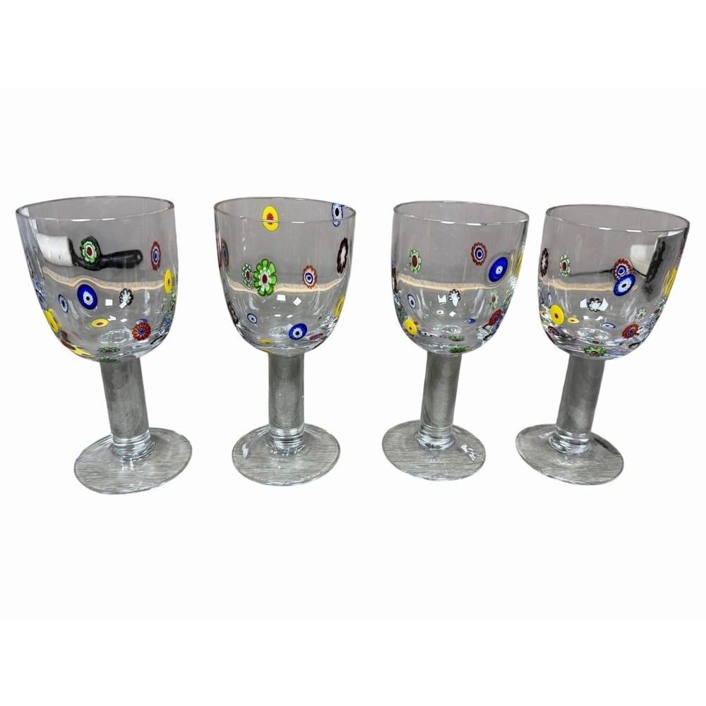 4 Leonardo Murano Millefiori Wine Water Glasses Goblets 7-1/4"H Hand Blown EXC